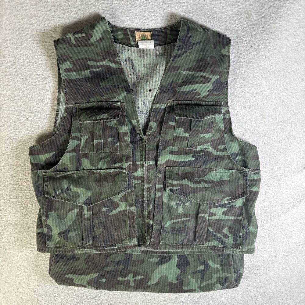Vintage Ideal Camo Corduroy Vest Mens XL Green Duck Woodland Hunting 1970s USA